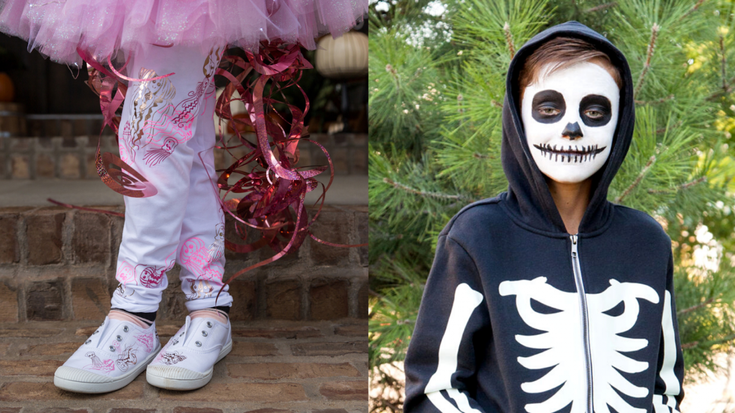 Cricut Jelly fish with patterned, shiny pants and cut out tentacles or a Cricut Skeleton with cut out bones on a black sweater and painted face. 